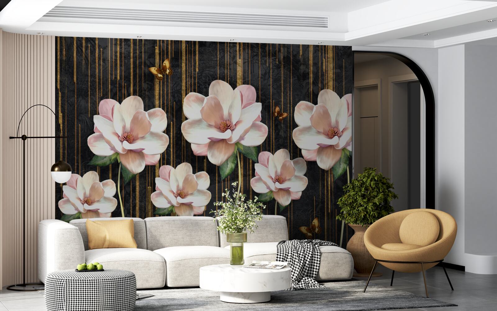 Papier peint papillons et fleurs sur fond noir et or