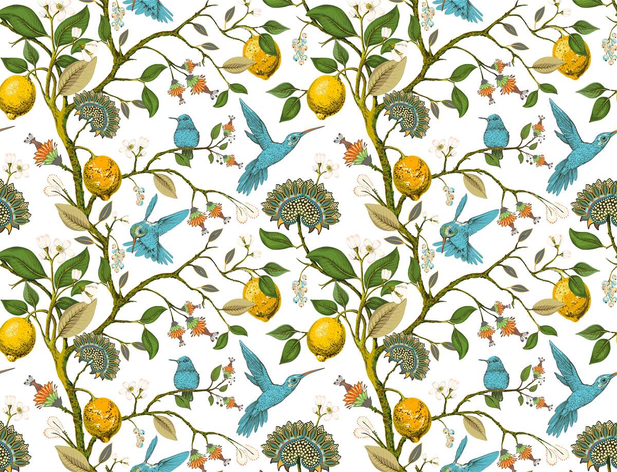 Papier peint citrons et colibris bleus