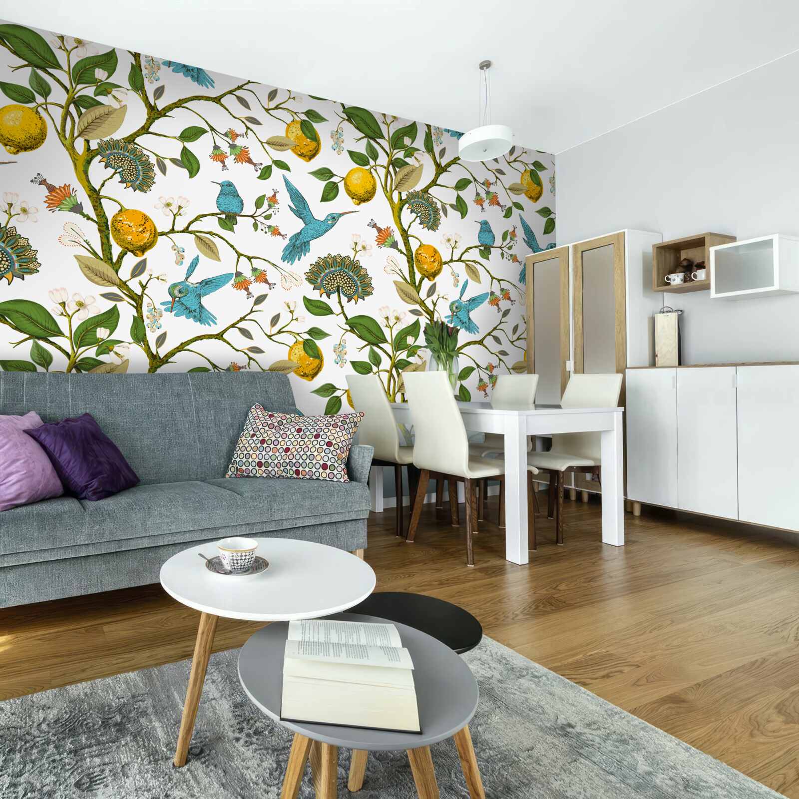 Papier peint citrons et colibris bleus
