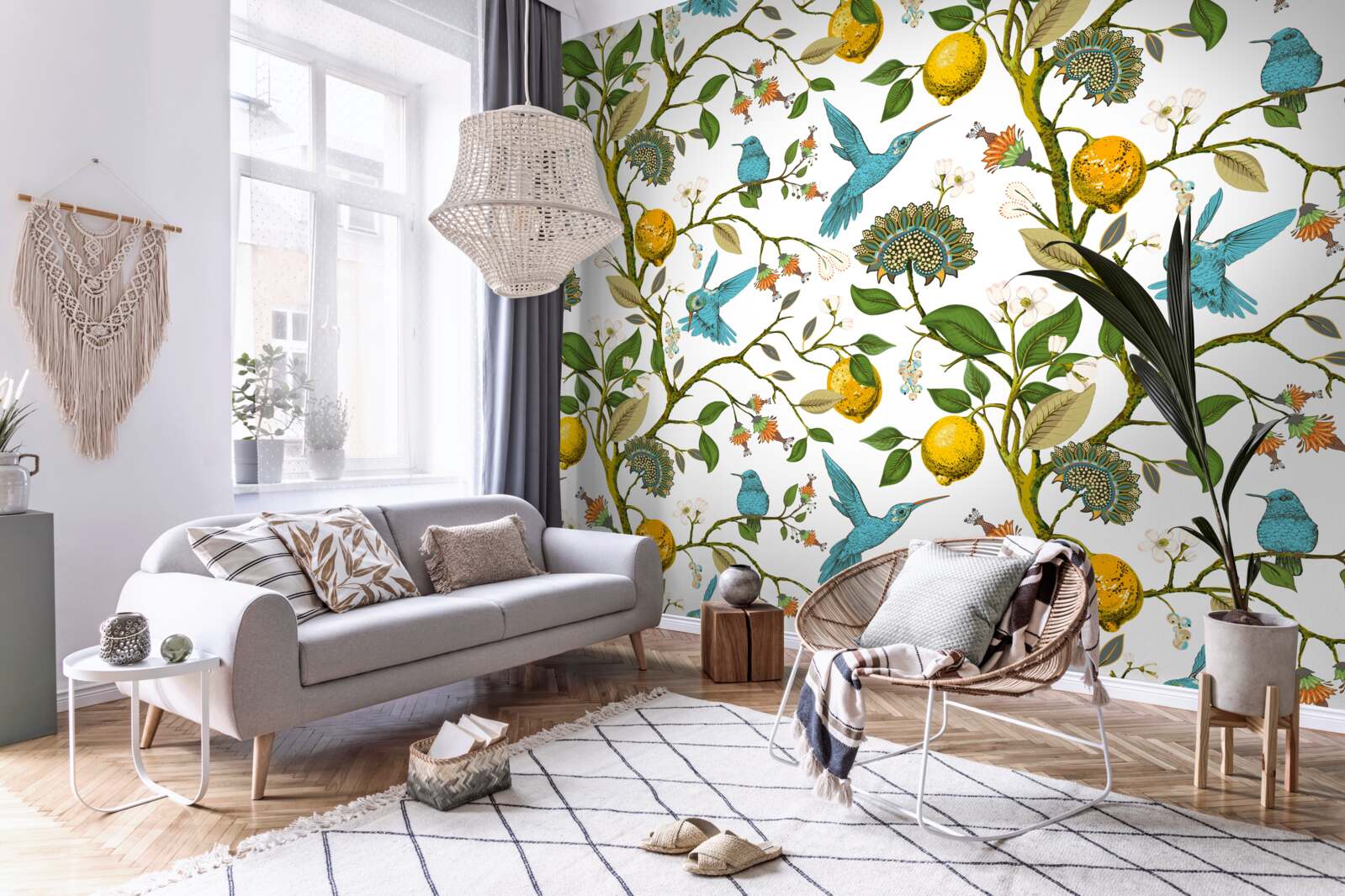 Papier peint citrons et colibris bleus