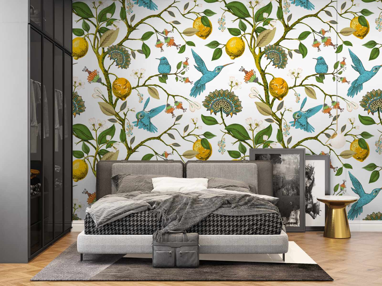 Papier peint citrons et colibris bleus