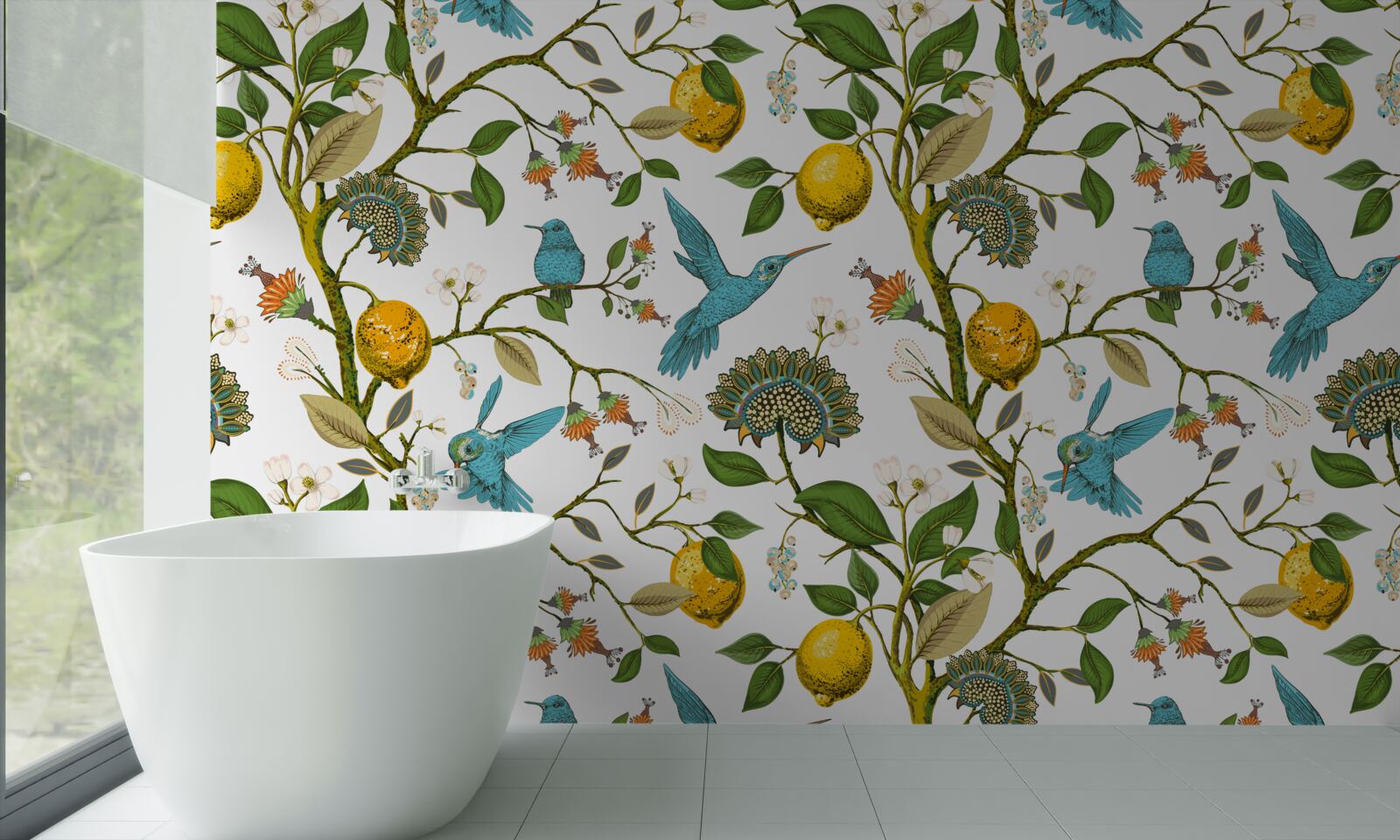 Papier peint citrons et colibris bleus