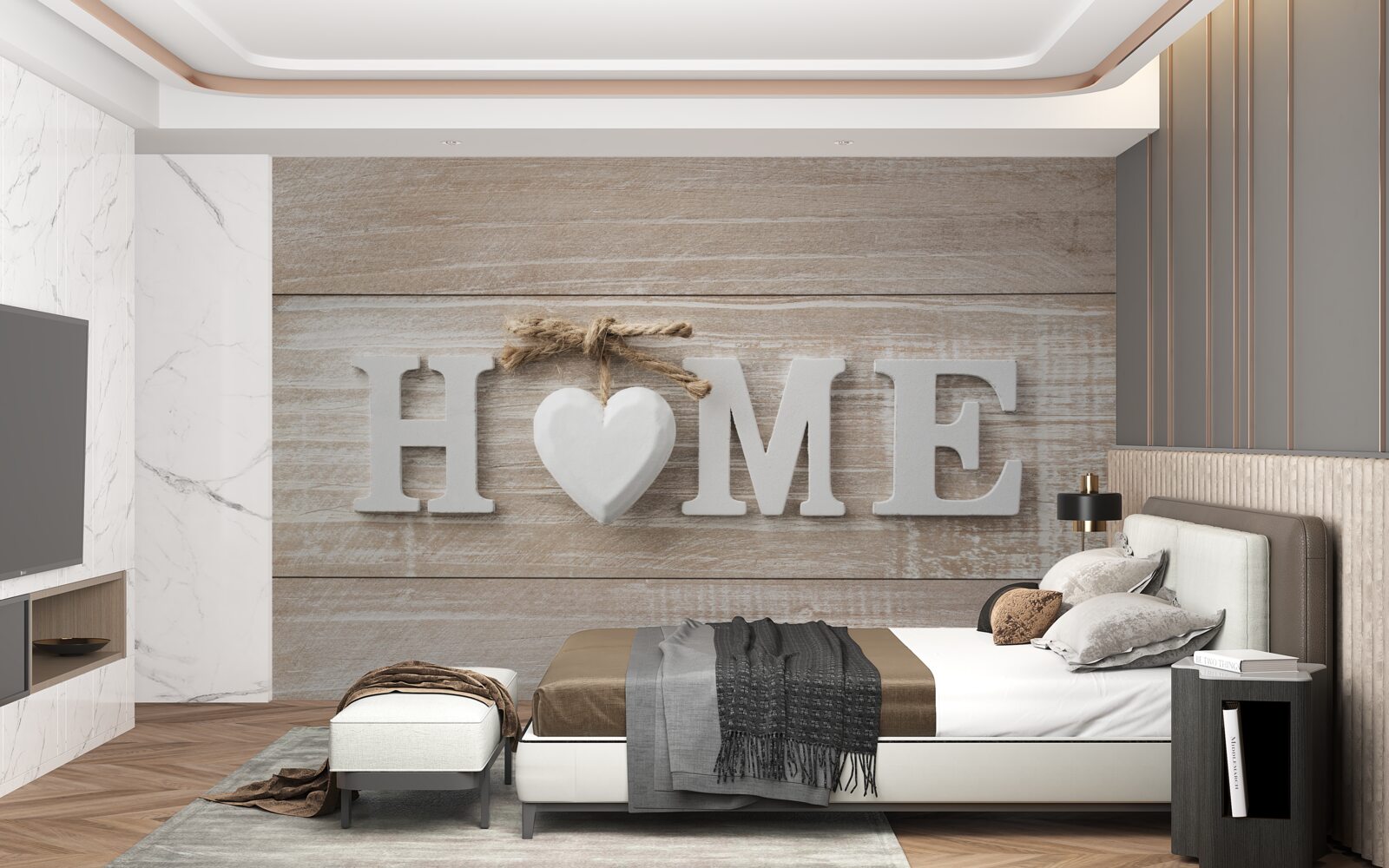 Papier peint texte "home" sur fond d'arbres