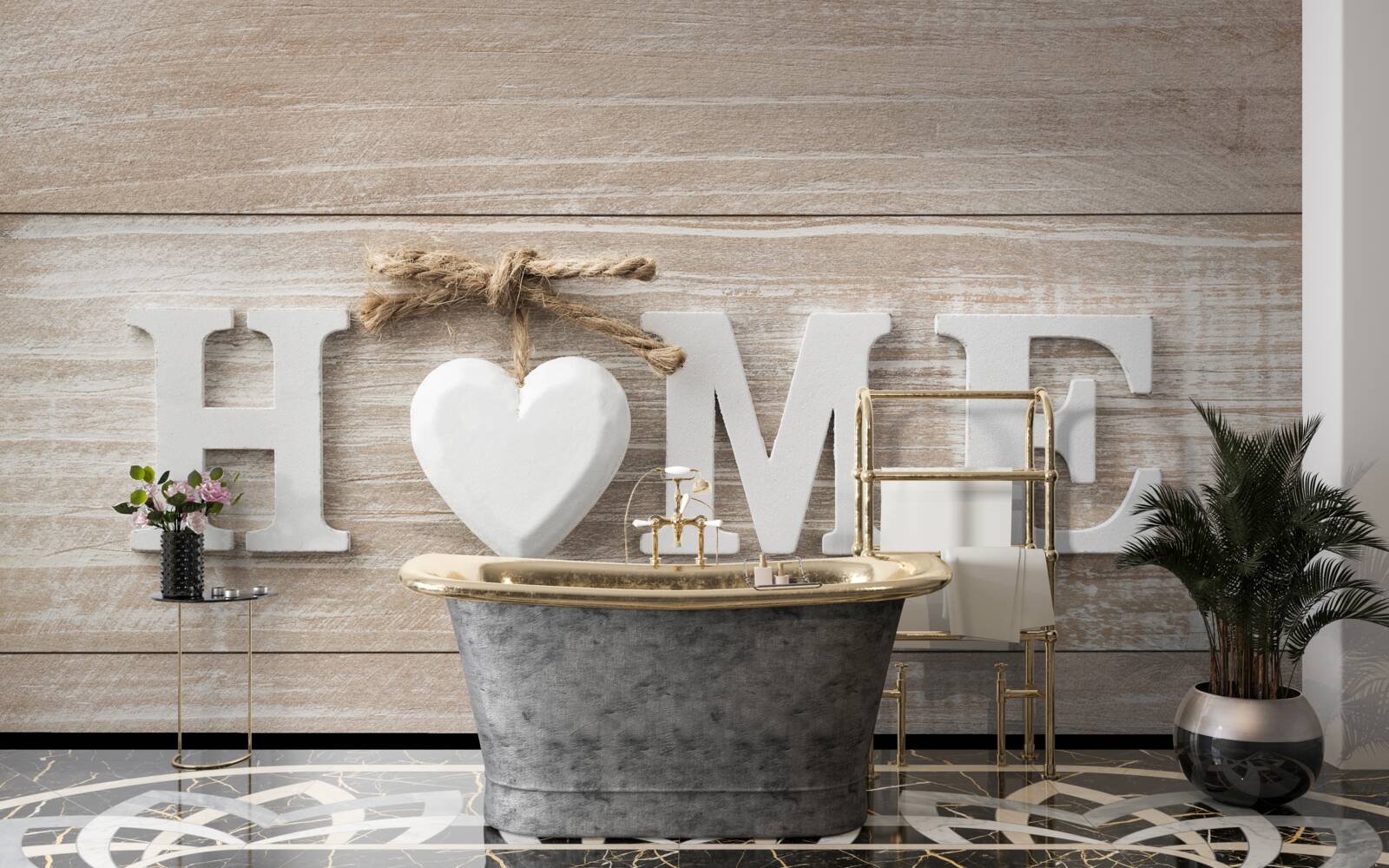 Papier peint texte "home" sur fond d'arbres