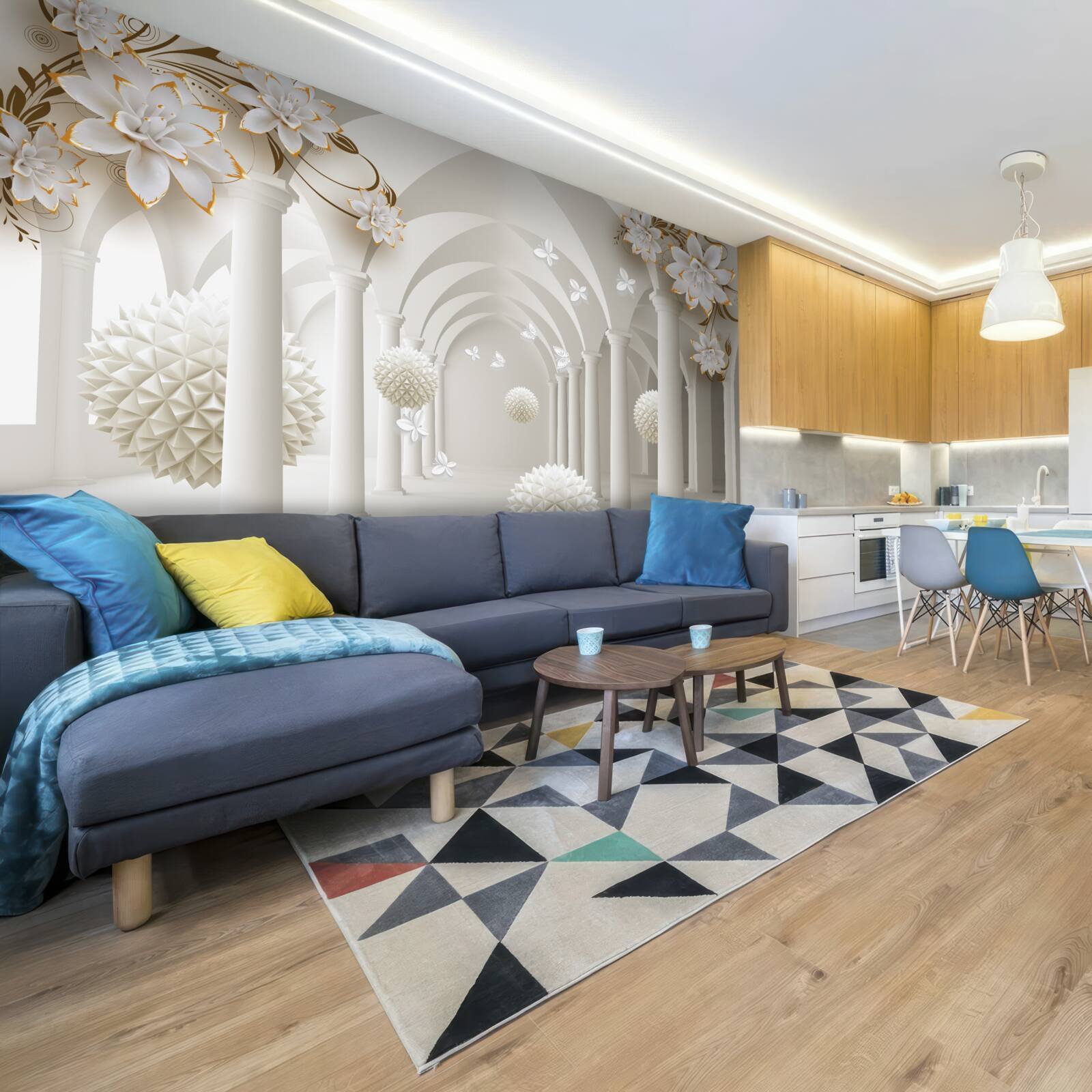 Papier peint Couloir de style gothique décoré de boules et de fleurs flottantes