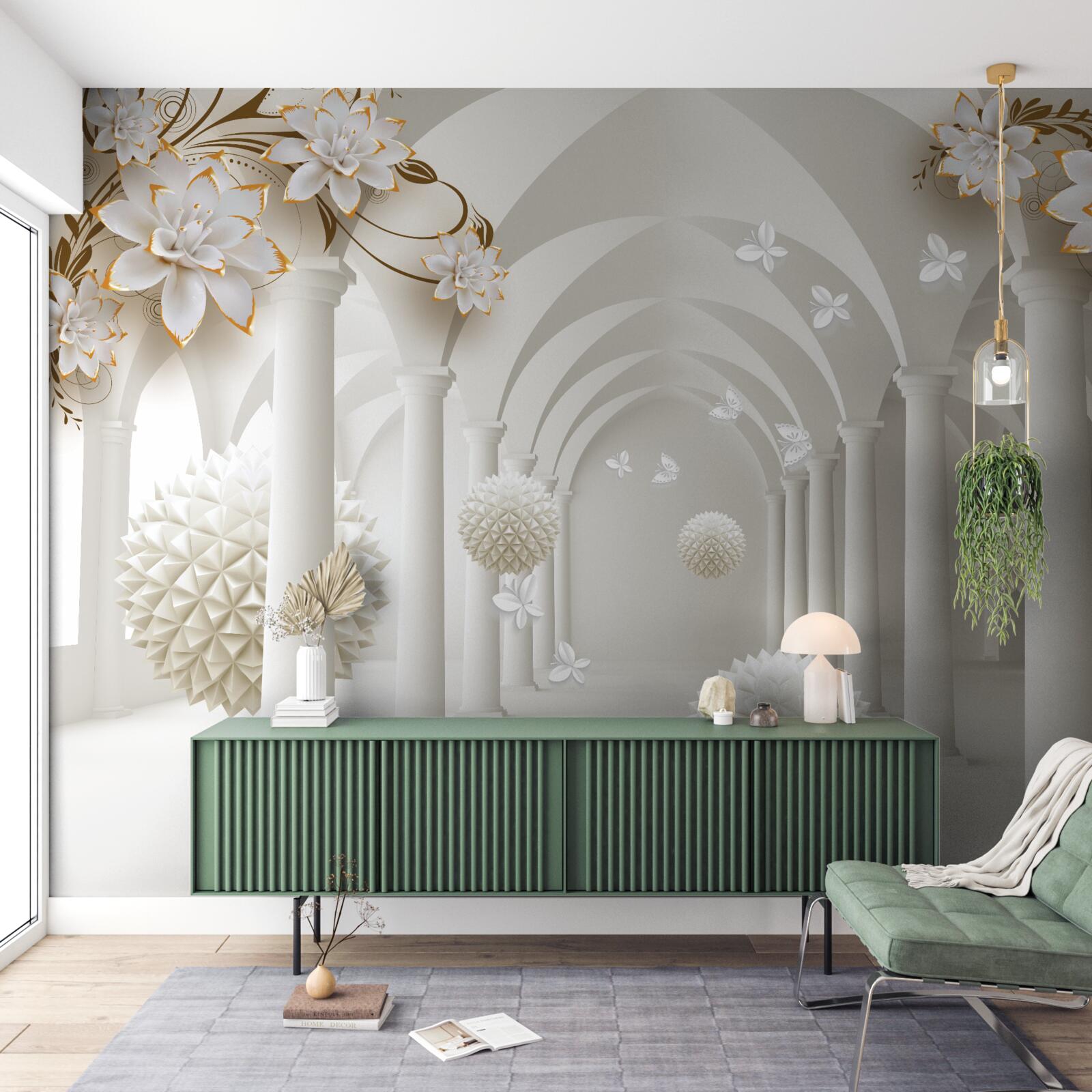 Papier peint Couloir de style gothique décoré de boules et de fleurs flottantes