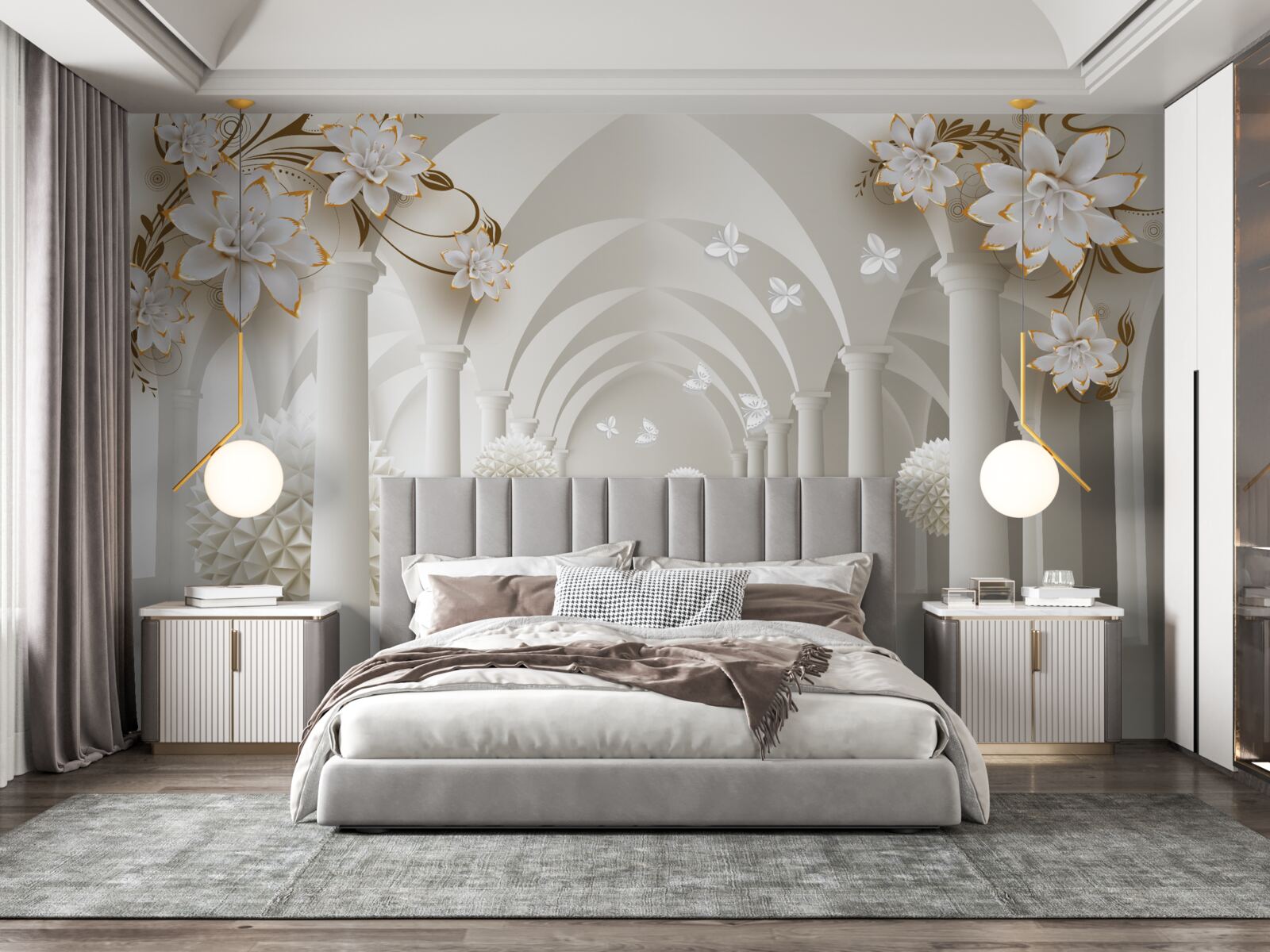 Papier peint Couloir de style gothique décoré de boules et de fleurs flottantes