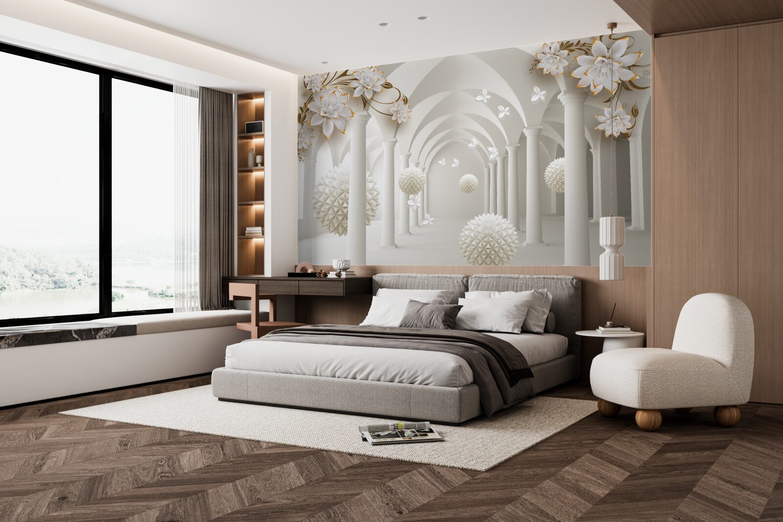 Papier peint Couloir de style gothique décoré de boules et de fleurs flottantes