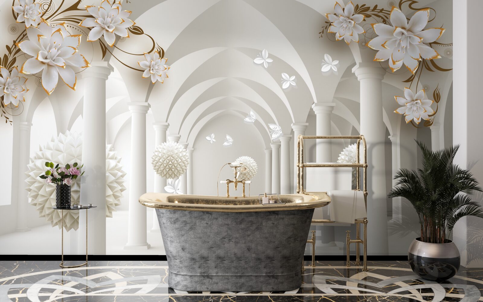 Papier peint Couloir de style gothique décoré de boules et de fleurs flottantes