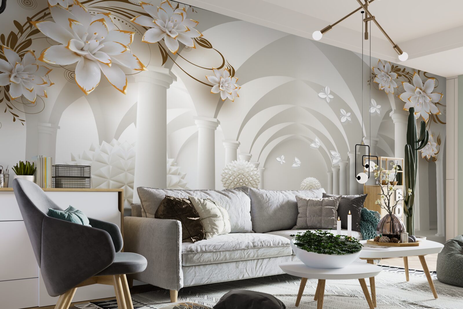 Papier peint Couloir de style gothique décoré de boules et de fleurs flottantes