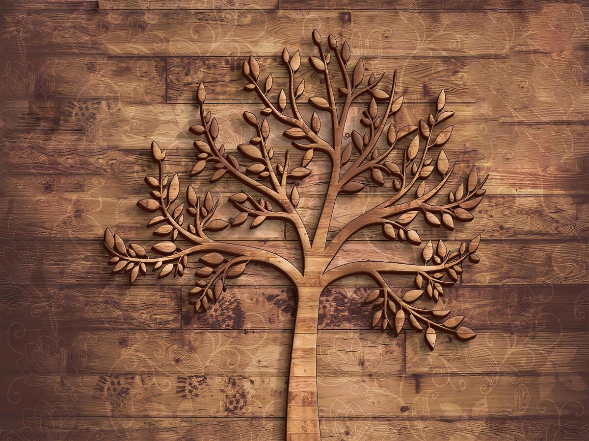 Papier peint arbre à feuilles caduques sur fond de bois