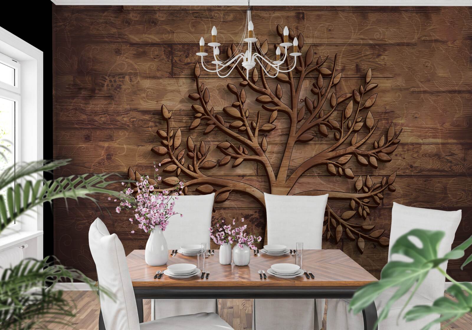 Papier peint arbre à feuilles caduques sur fond de bois