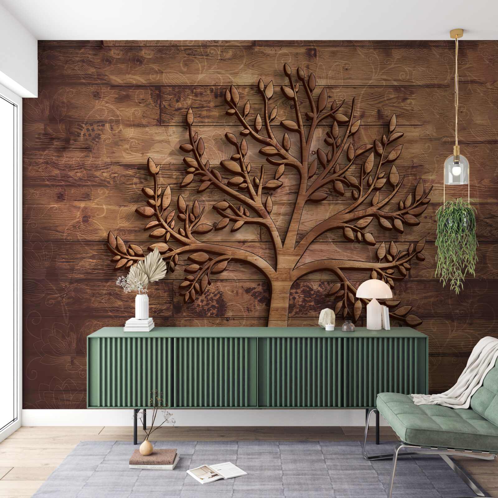 Papier peint arbre à feuilles caduques sur fond de bois