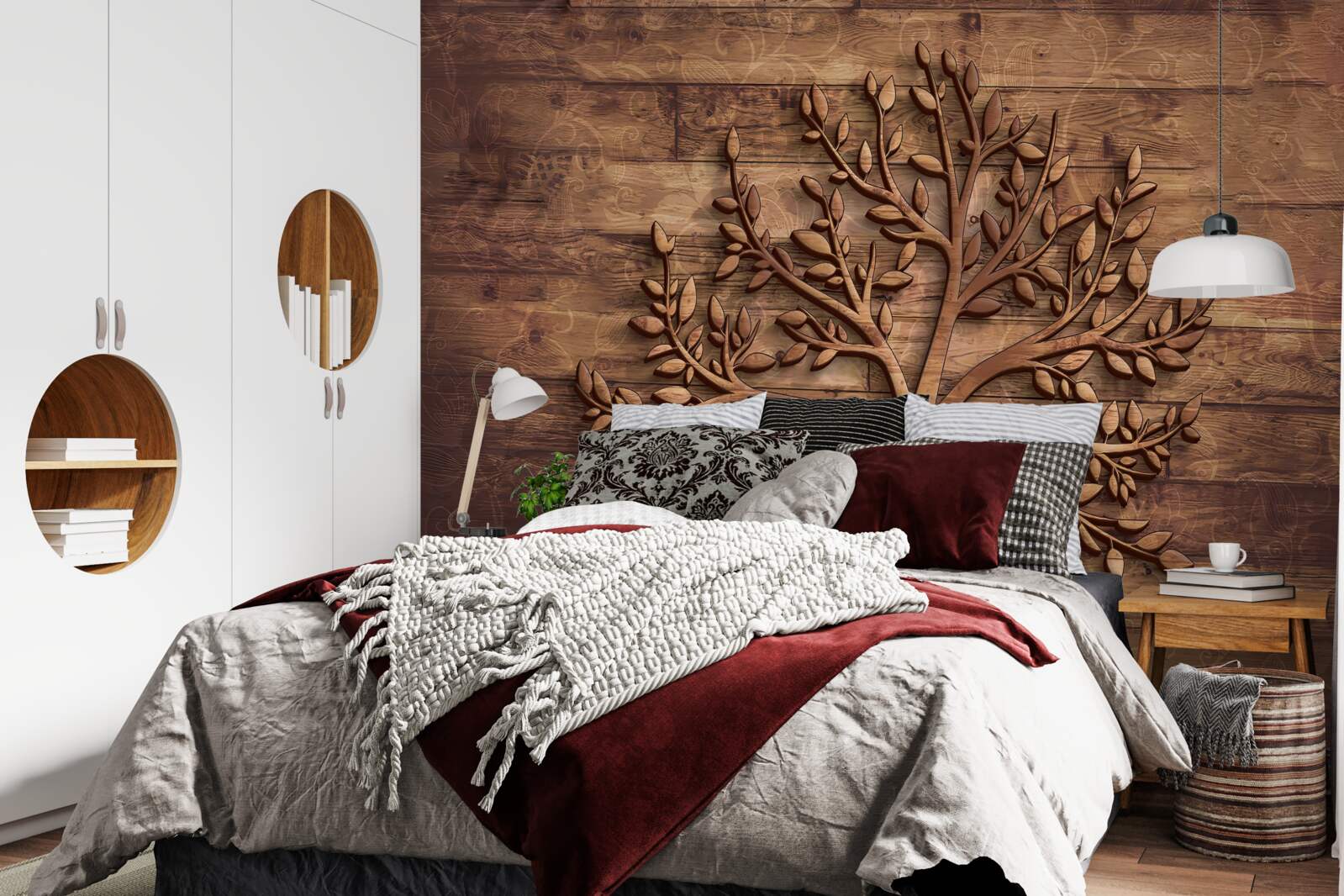 Papier peint arbre à feuilles caduques sur fond de bois