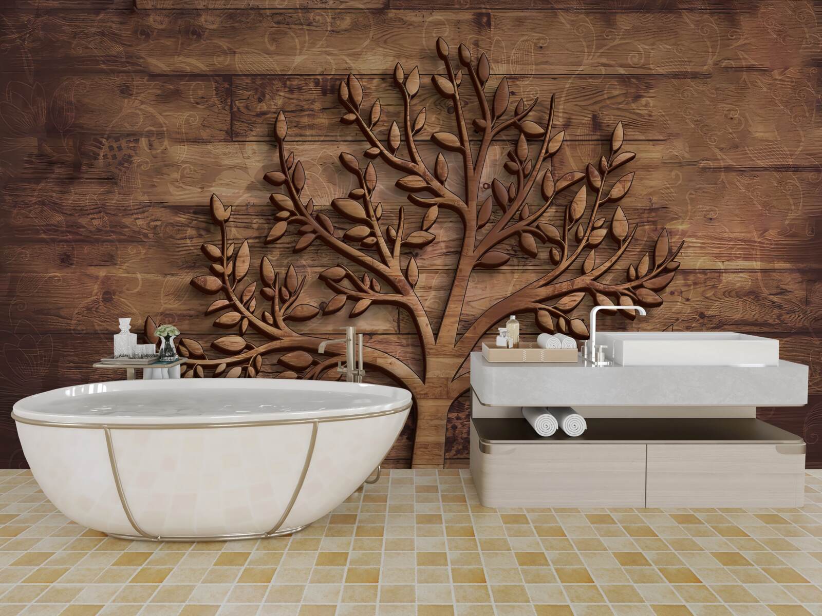 Papier peint arbre à feuilles caduques sur fond de bois