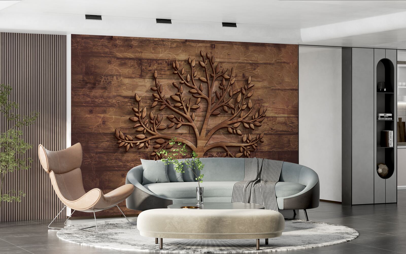 Papier peint arbre à feuilles caduques sur fond de bois