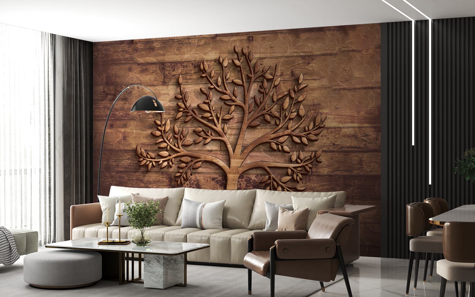 Papier peint arbre à feuilles caduques sur fond de bois