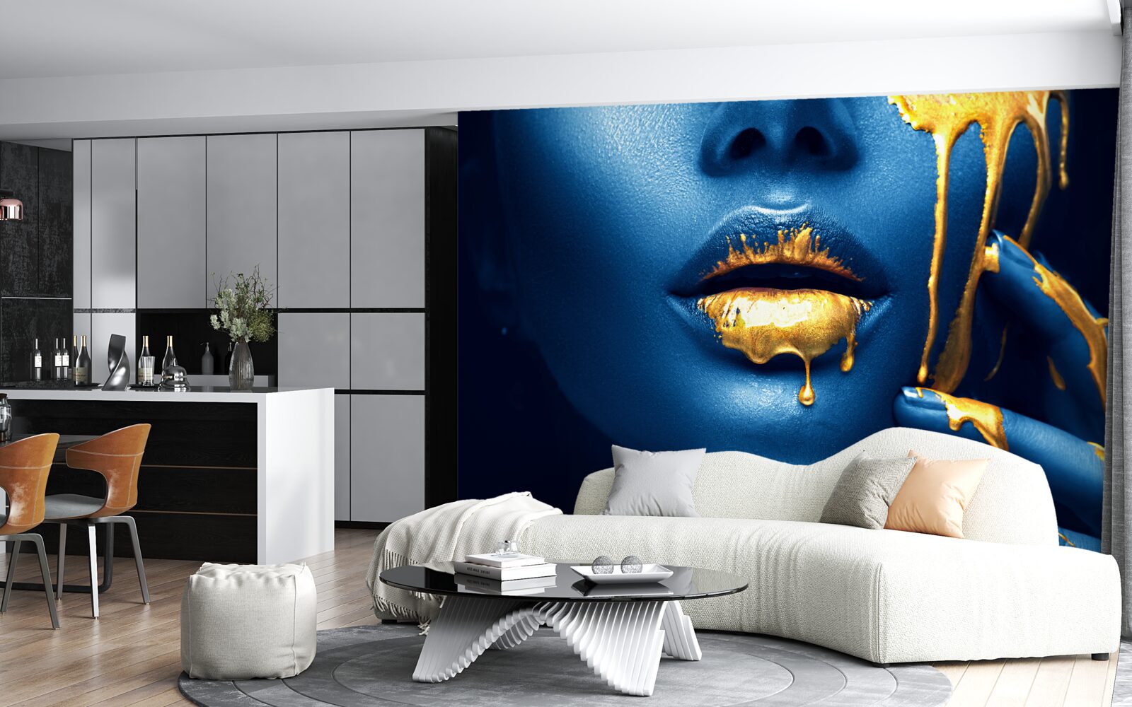 Papier peint femme avec du rouge à lèvres doré brillant sur les lèvres