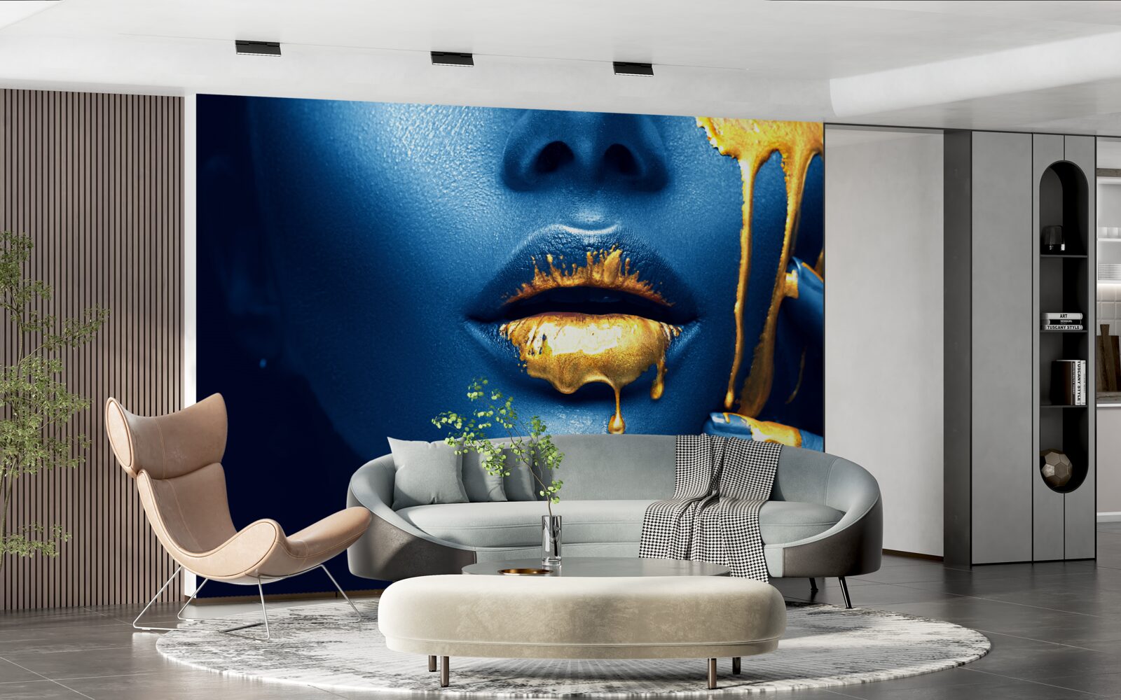 Papier peint femme avec du rouge à lèvres doré brillant sur les lèvres