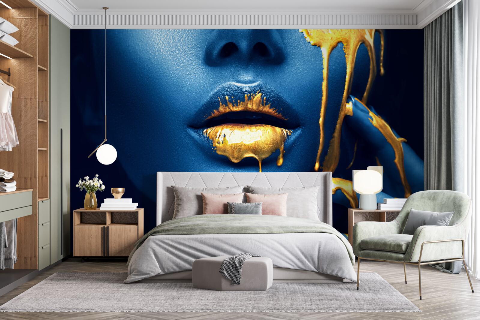 Papier peint femme avec du rouge à lèvres doré brillant sur les lèvres