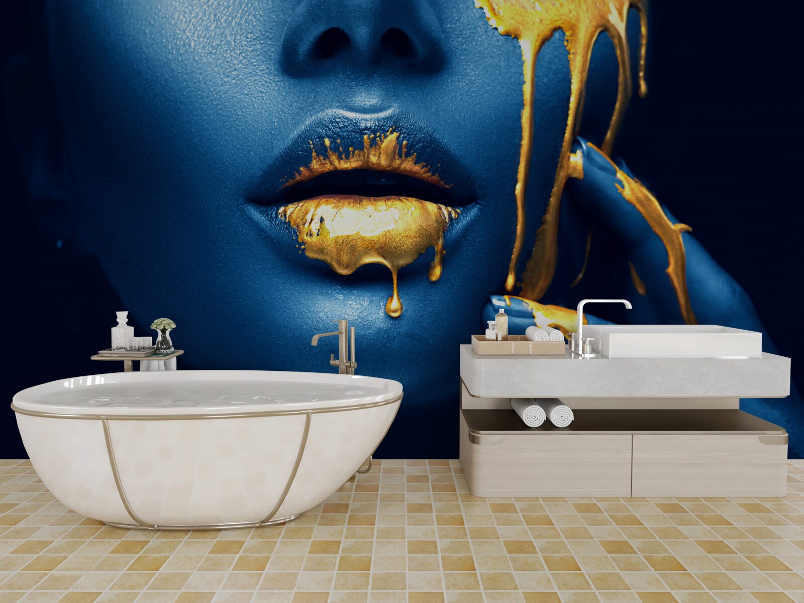 Papier peint femme avec du rouge à lèvres doré brillant sur les lèvres