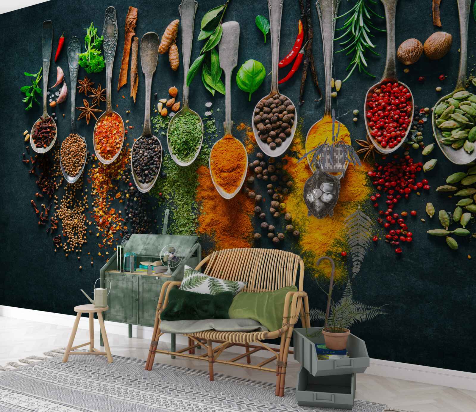 Papier peint diverses épices disposées dans des cuillères