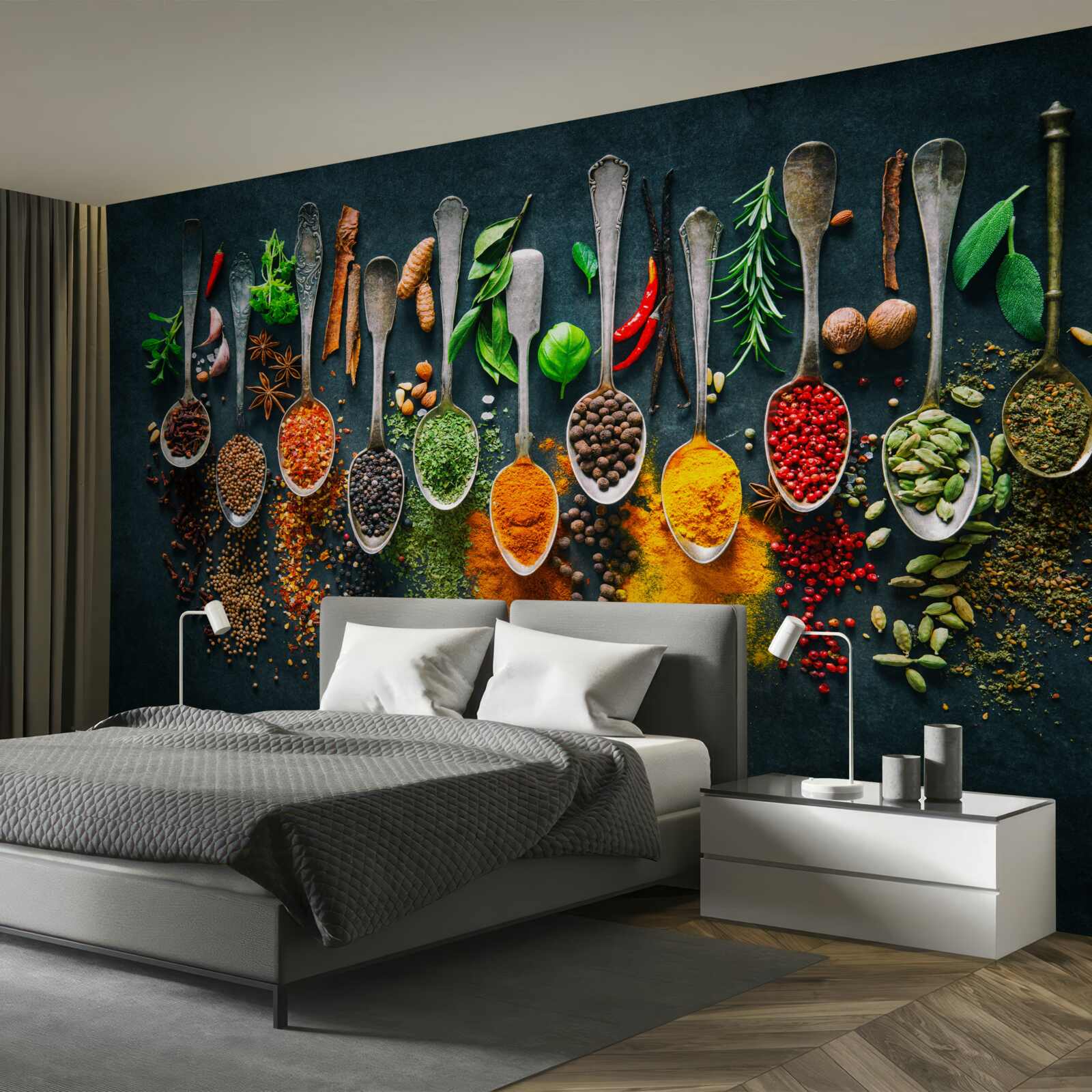Papier peint diverses épices disposées dans des cuillères
