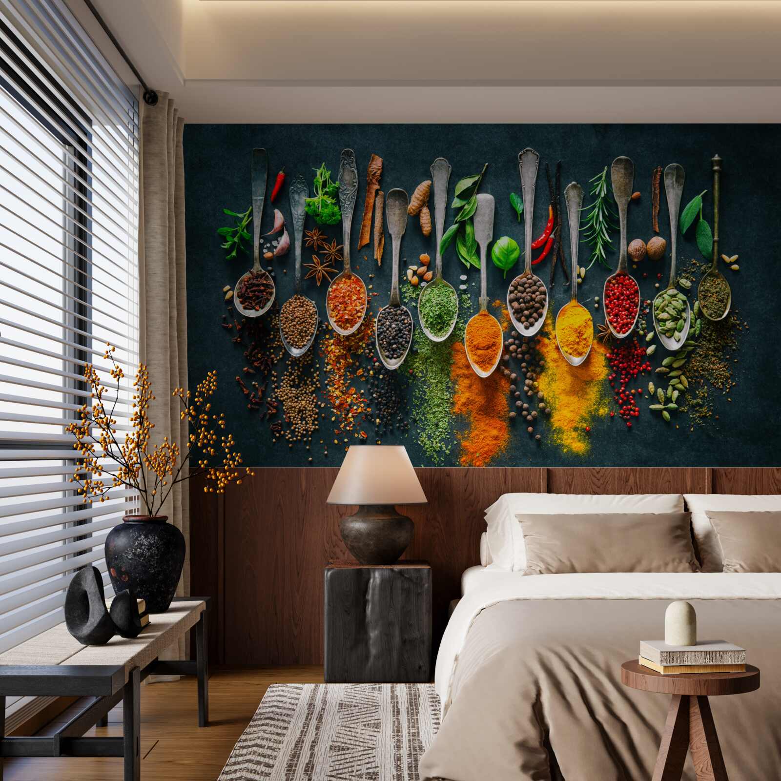 Papier peint diverses épices disposées dans des cuillères
