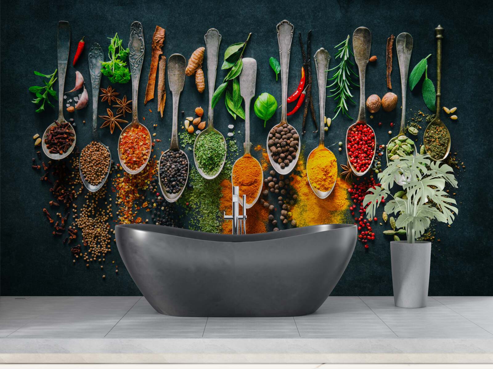 Papier peint diverses épices disposées dans des cuillères