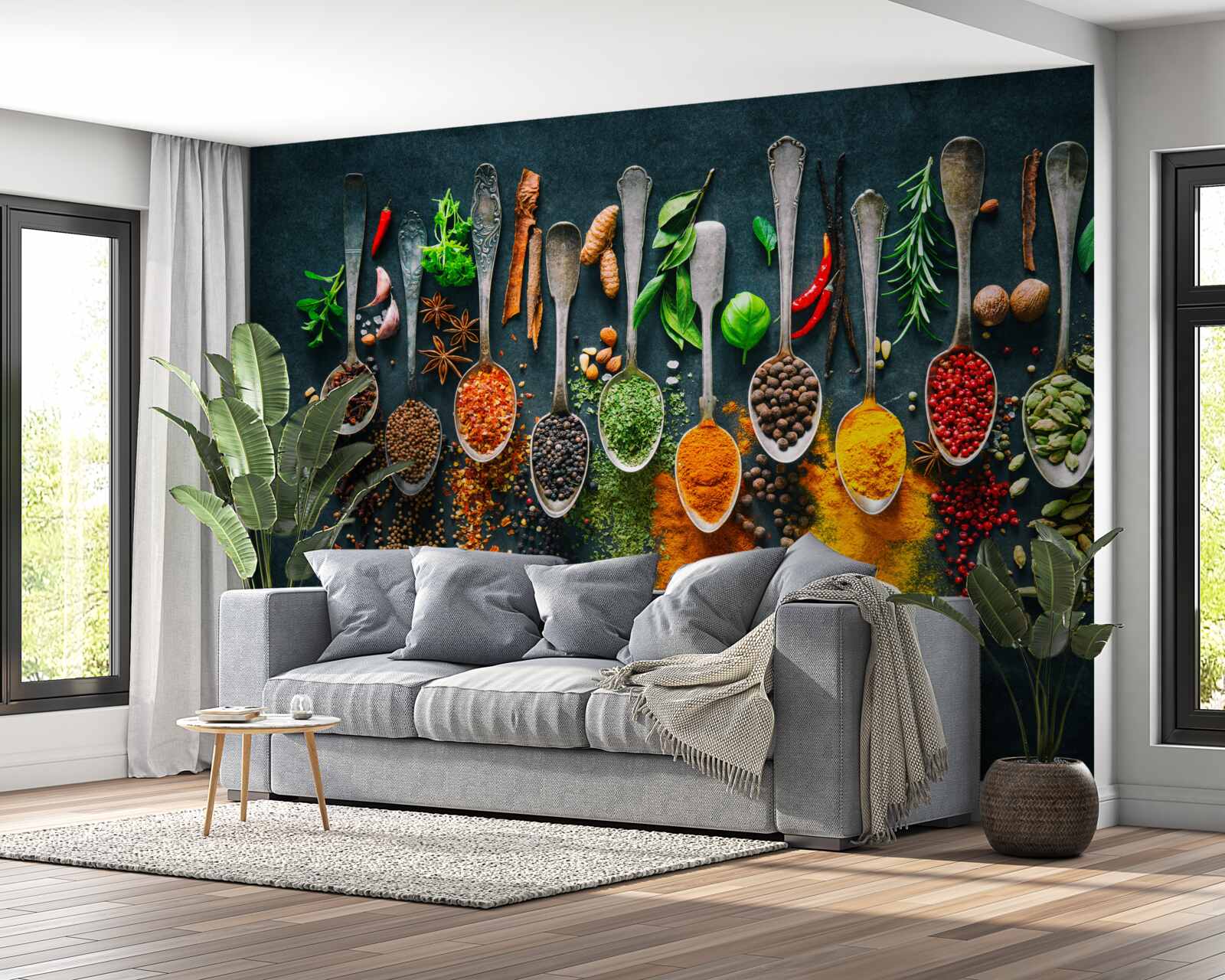 Papier peint diverses épices disposées dans des cuillères