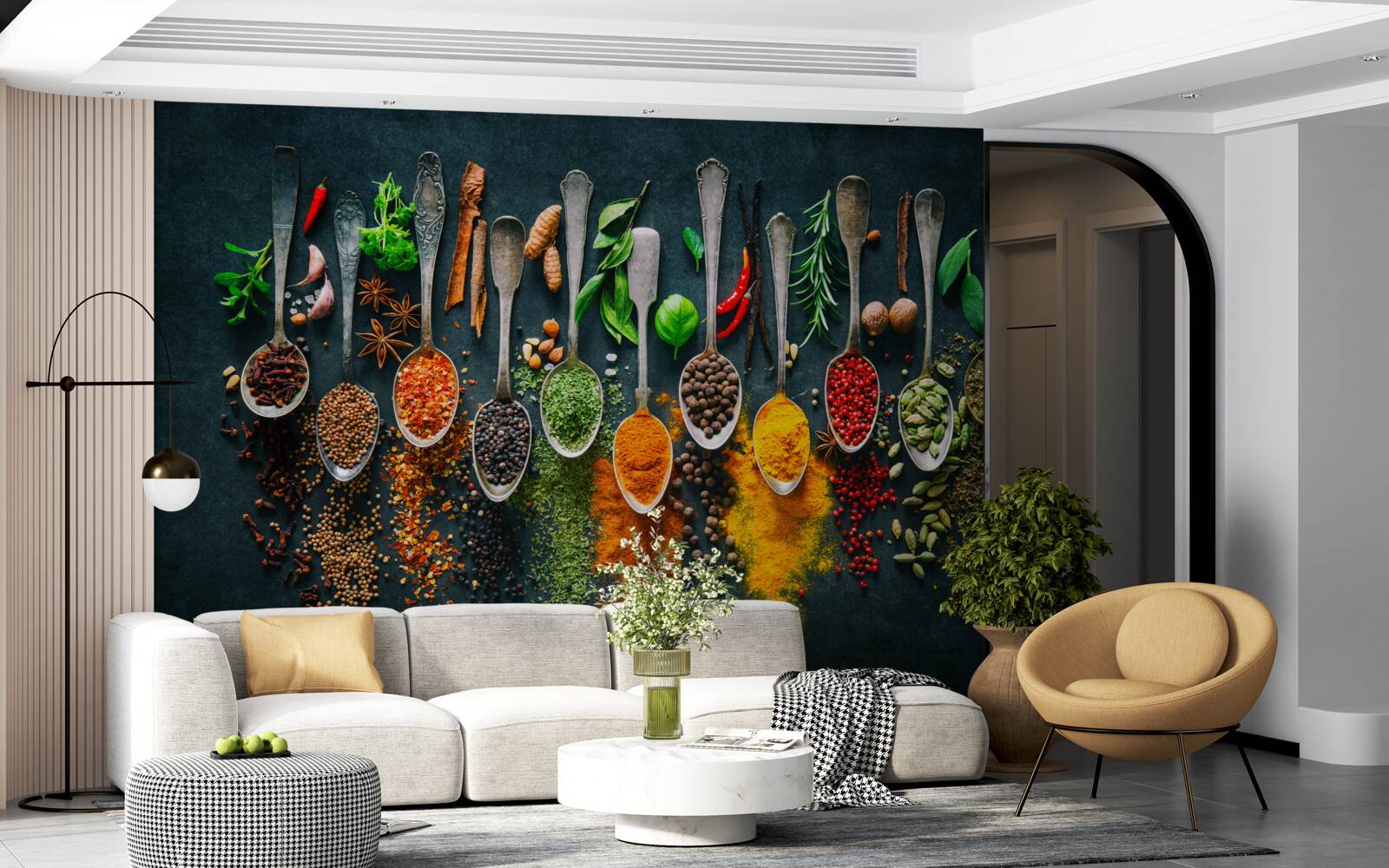 Papier peint diverses épices disposées dans des cuillères