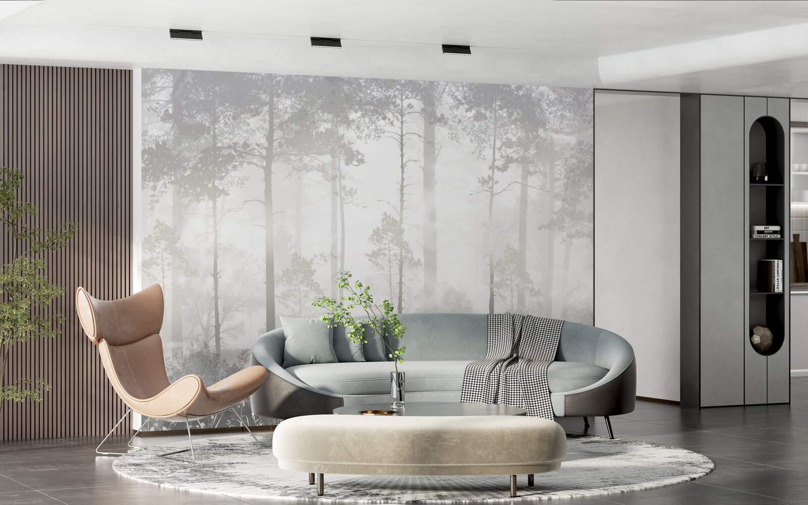 Papier peint La forêt brumeuse est parsemée de grands pins, comme dans un conte de fées