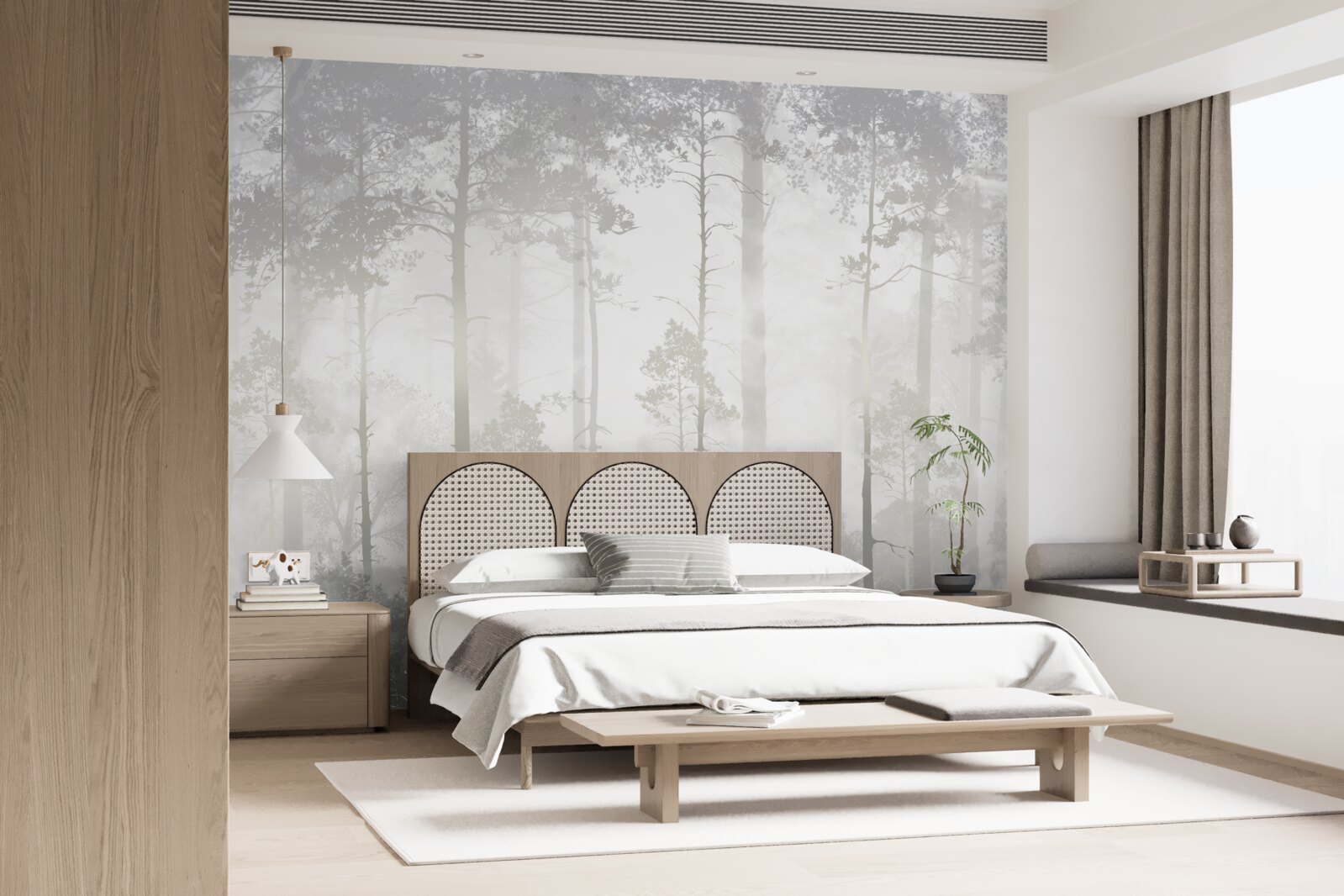 Papier peint La forêt brumeuse est parsemée de grands pins, comme dans un conte de fées