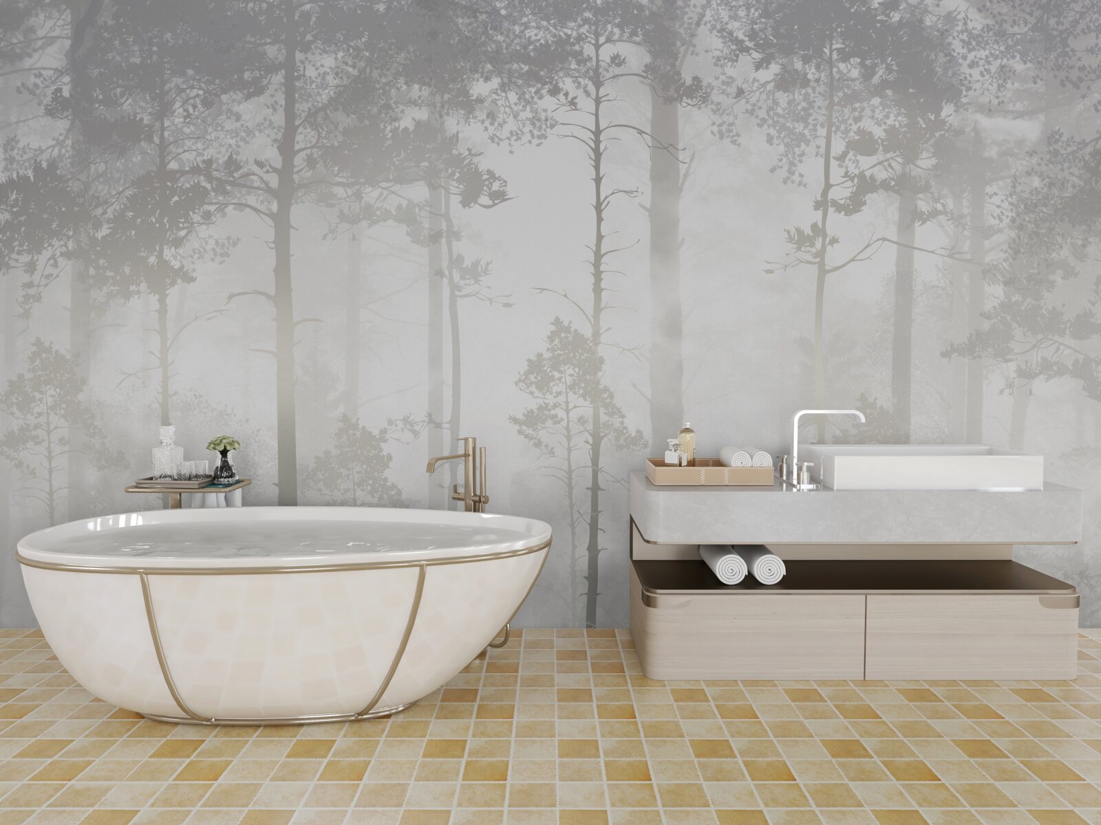 Papier peint La forêt brumeuse est parsemée de grands pins, comme dans un conte de fées