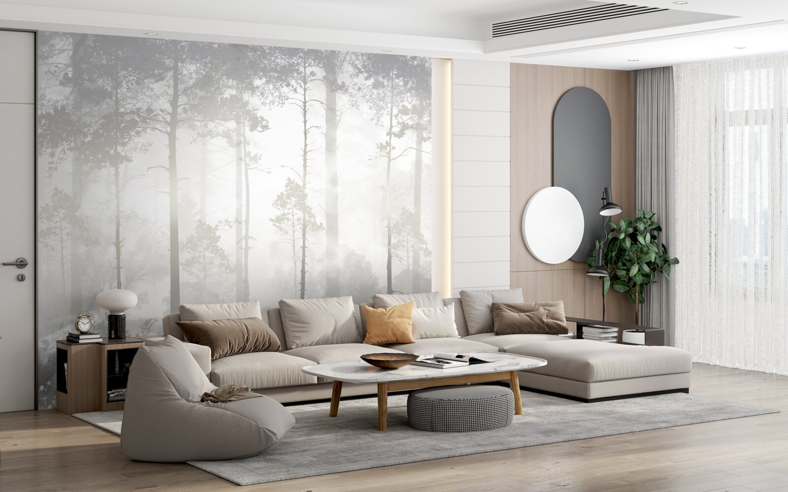 Papier peint La forêt brumeuse est parsemée de grands pins, comme dans un conte de fées