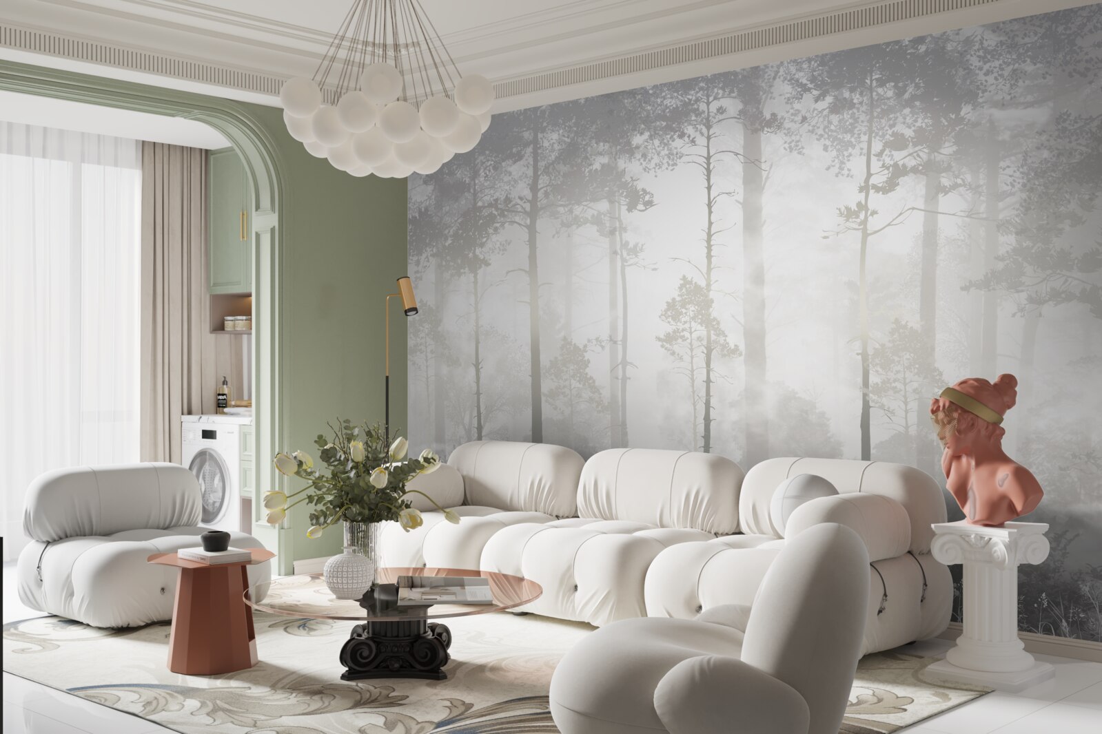 Papier peint La forêt brumeuse est parsemée de grands pins, comme dans un conte de fées