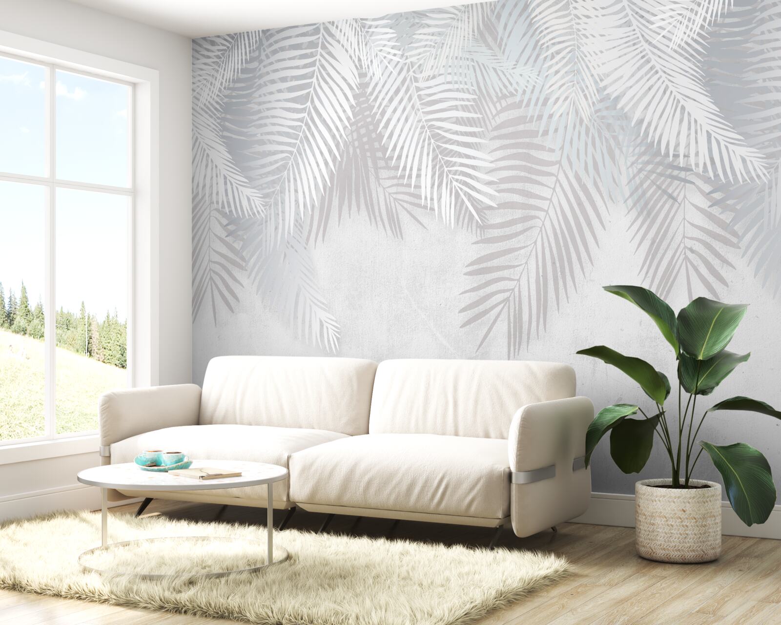 Papier peint feuilles de palmier sur fond blanc