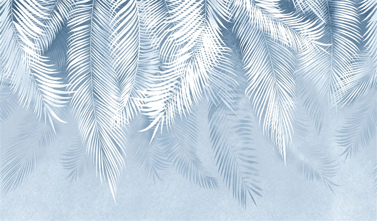 Papier peint plumes blanches et bleues sur des feuilles d'hiver