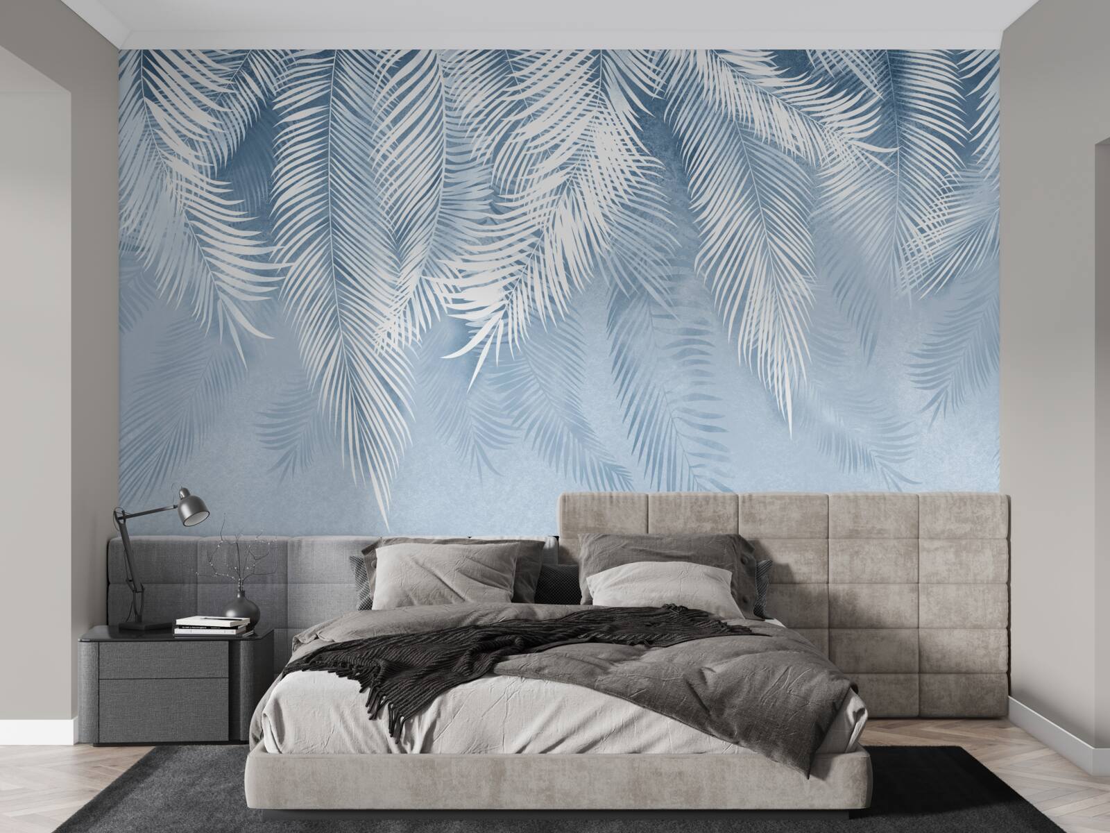 Papier peint plumes blanches et bleues sur des feuilles d'hiver