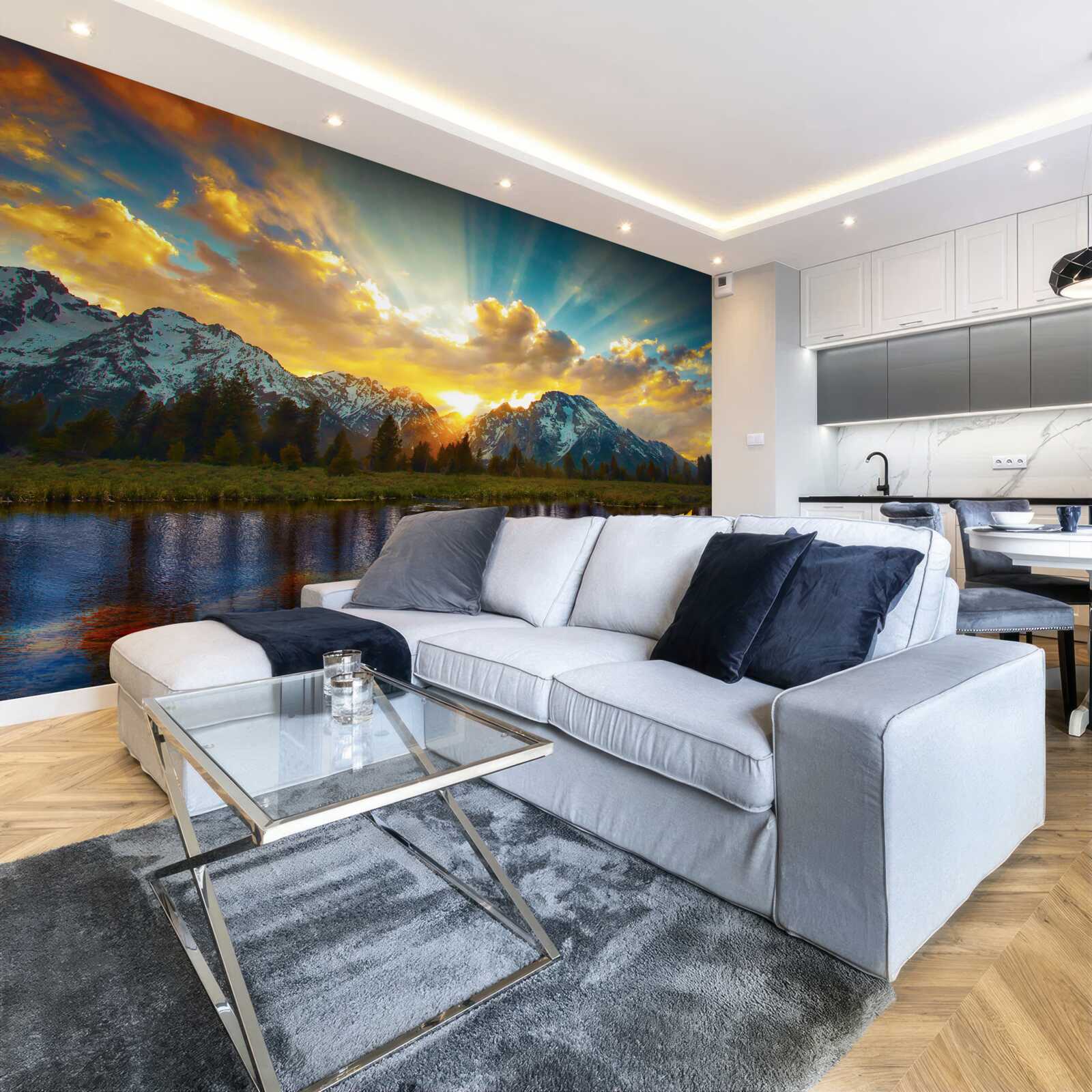 Papier peint coucher de soleil magique sur une rivière de haute montagne