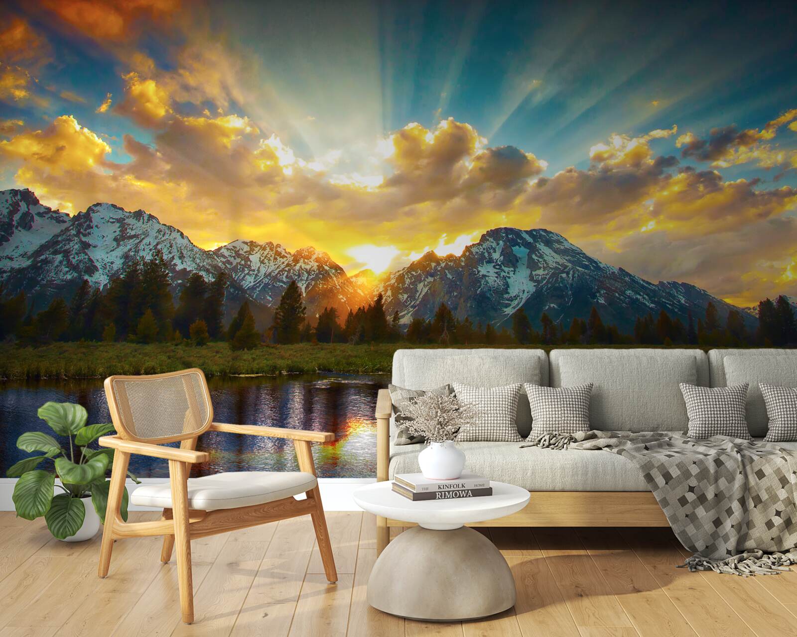 Papier peint coucher de soleil magique sur une rivière de haute montagne