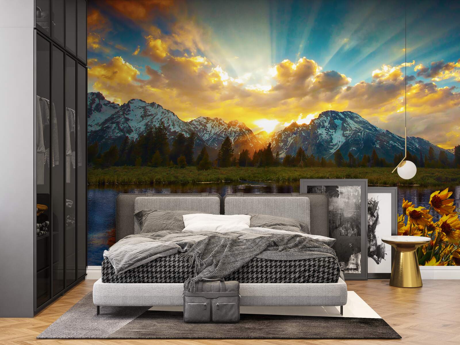 Papier peint coucher de soleil magique sur une rivière de haute montagne