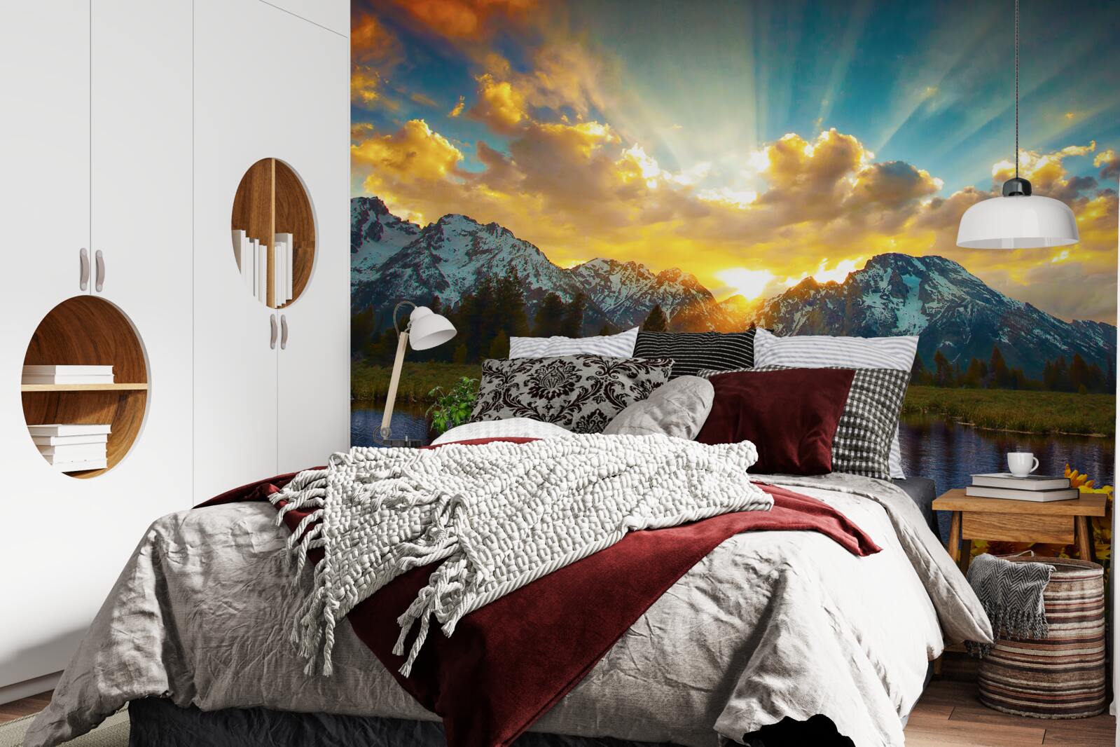 Papier peint coucher de soleil magique sur une rivière de haute montagne