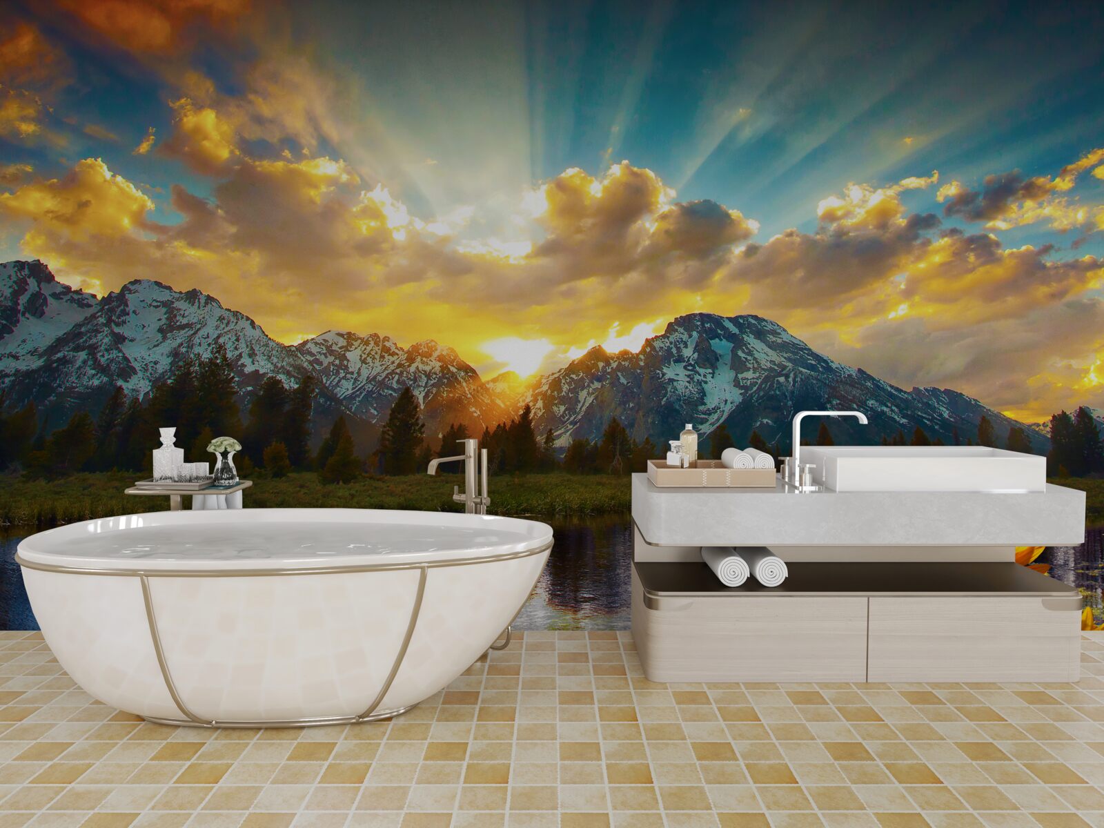 Papier peint coucher de soleil magique sur une rivière de haute montagne