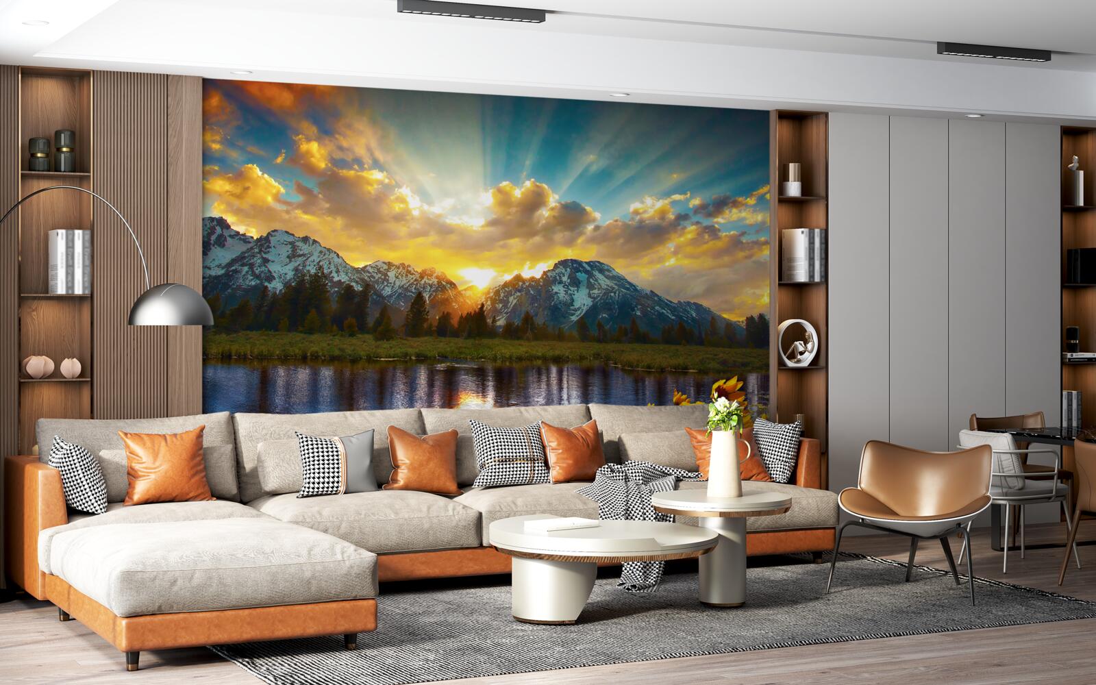 Papier peint coucher de soleil magique sur une rivière de haute montagne