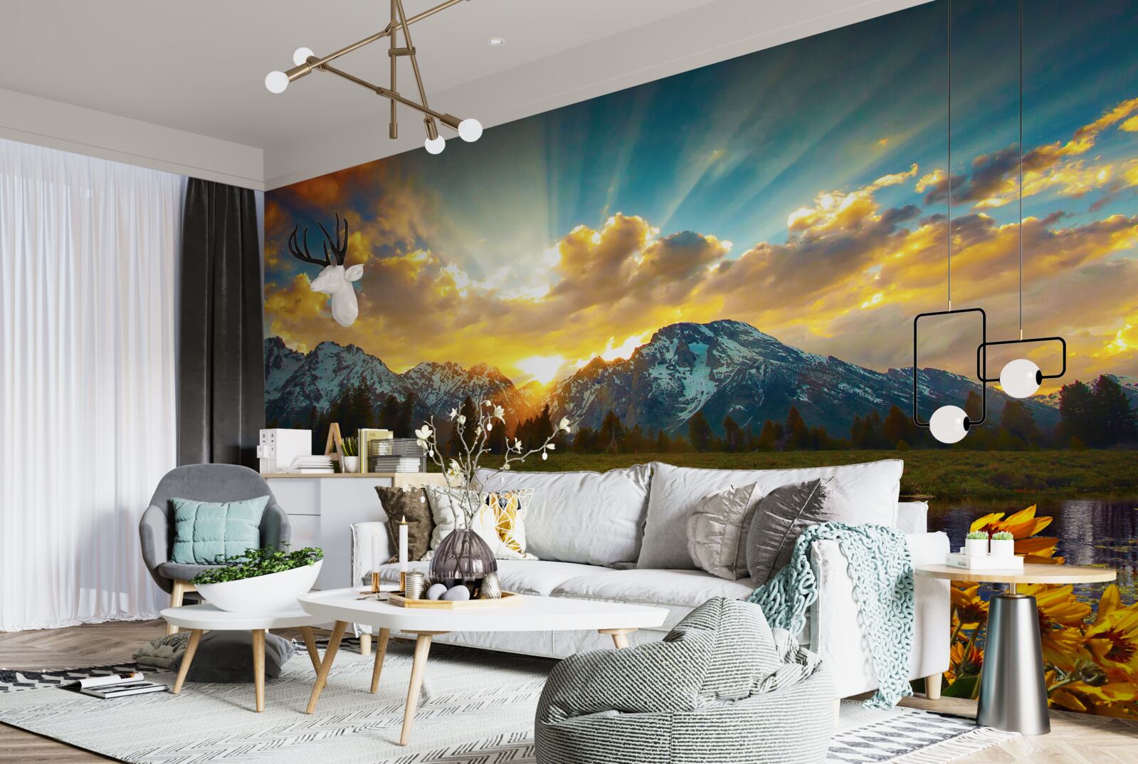 Papier peint coucher de soleil magique sur une rivière de haute montagne