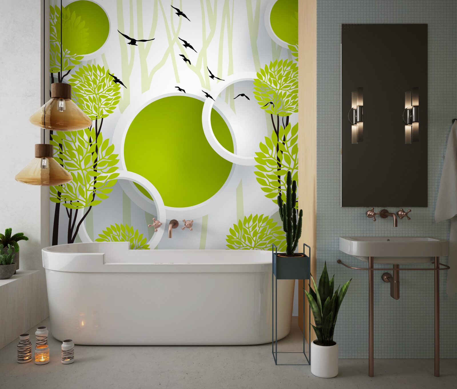 Papier peint arbres sous les oiseaux volants