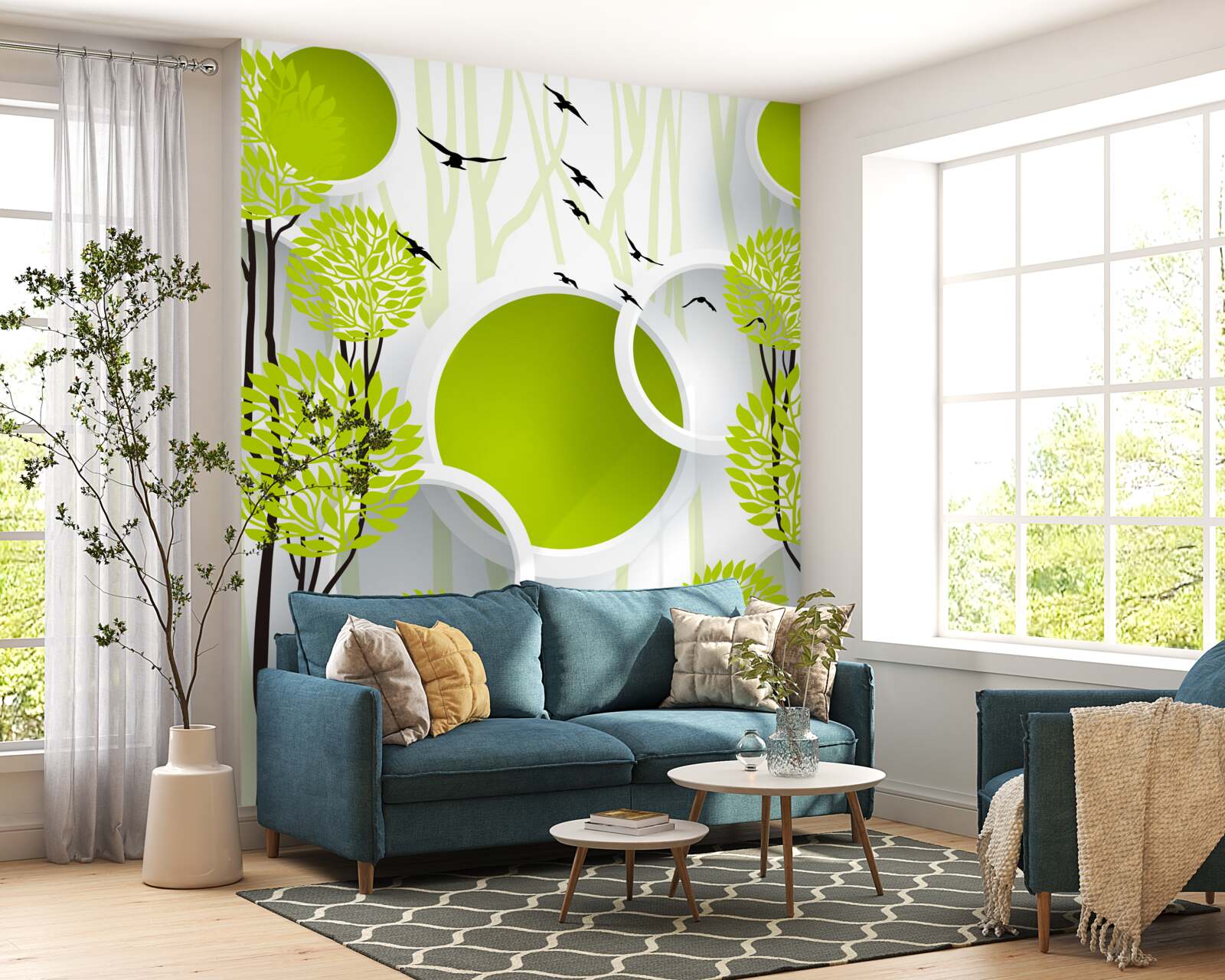 Papier peint arbres sous les oiseaux volants