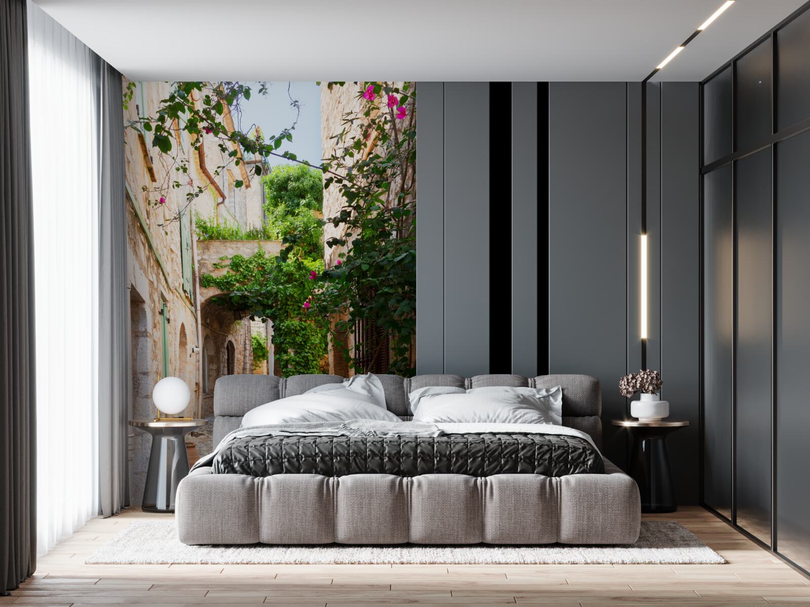 Papier peint ancienne rue étroite décorée de plantes vivantes