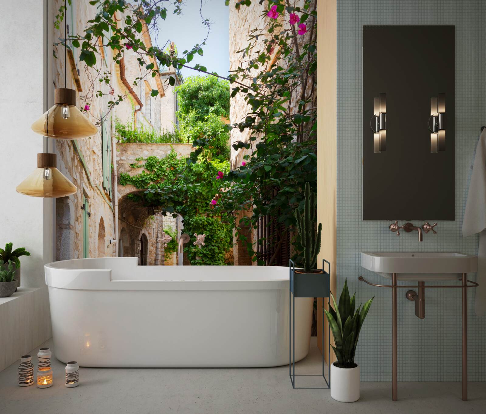 Papier peint ancienne rue étroite décorée de plantes vivantes